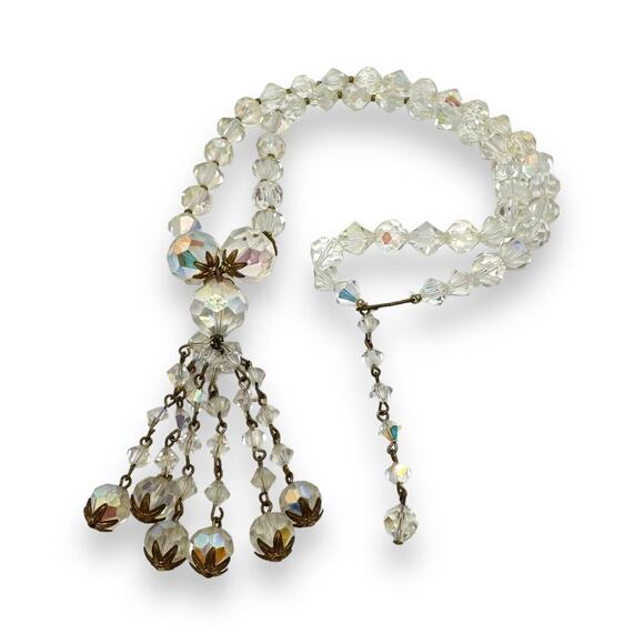 Aurora Borealis Glass Crystal Bead Necklace Long Necklace Tassel Gold Tone 50s - Picture 1 of 16